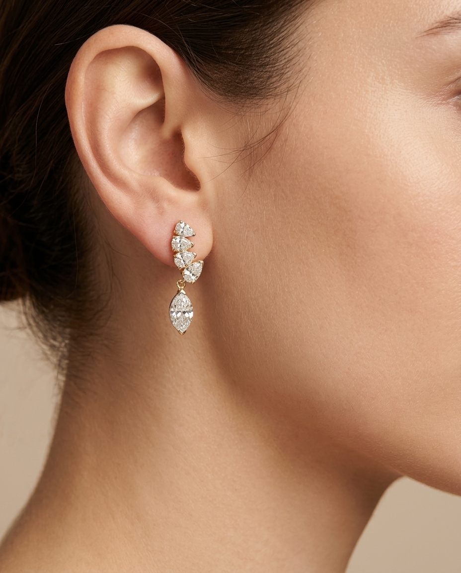14KT Yellow Gold Marquise Diamond Earring on model
