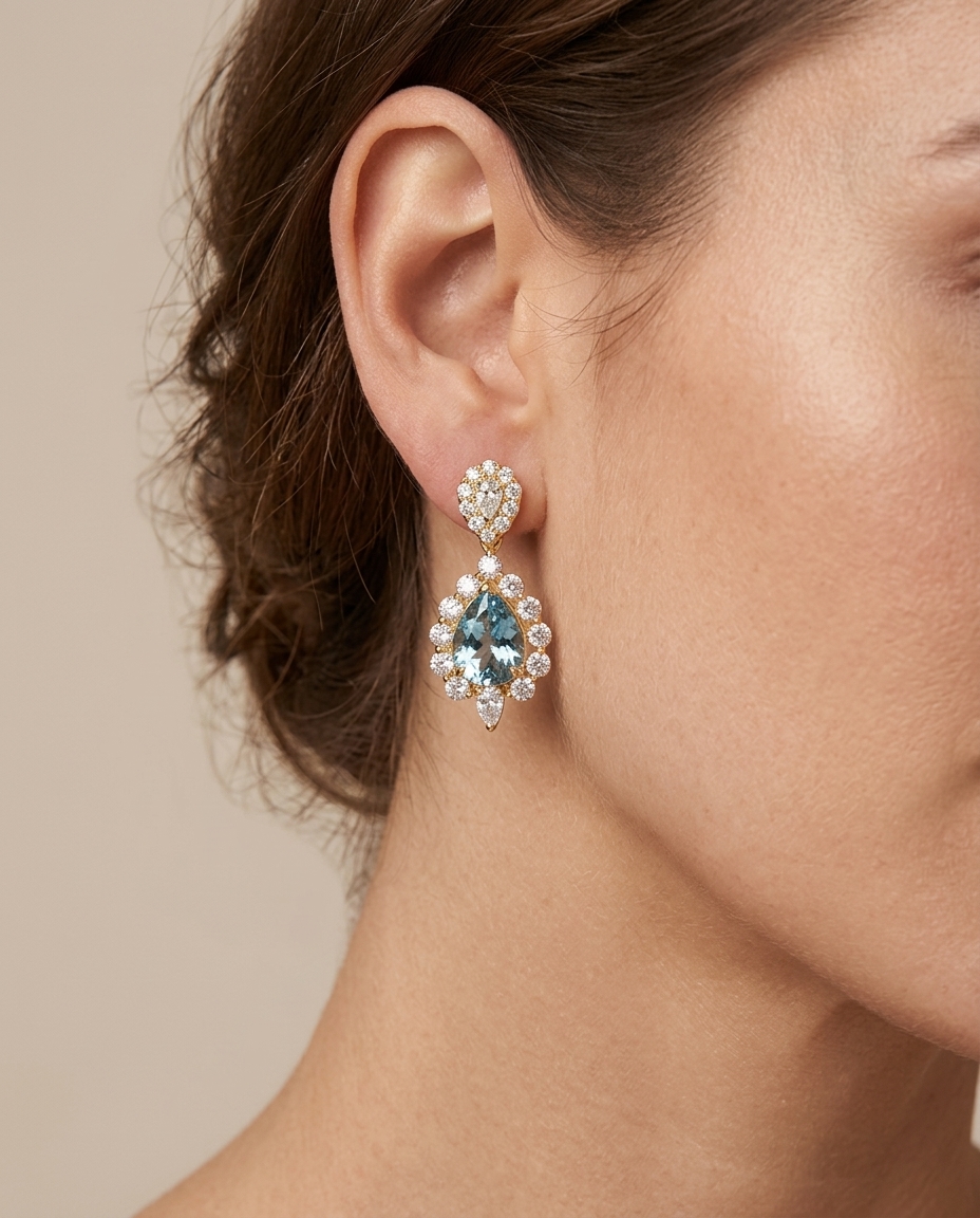 14KT Gold Aquamarine and Diamonds Earring on model