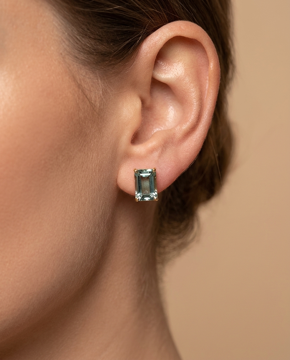 14KT Gold Aquamarine Stud Earring on model