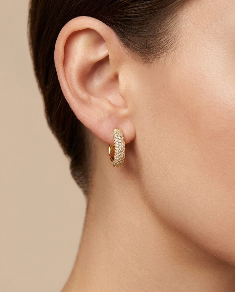 14KT Gold Diamonds Huggies on model