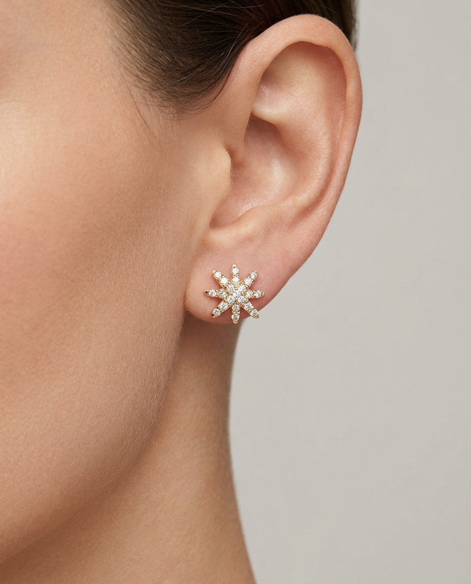 14KT Gold Starburst Diamond Earring Studs on model