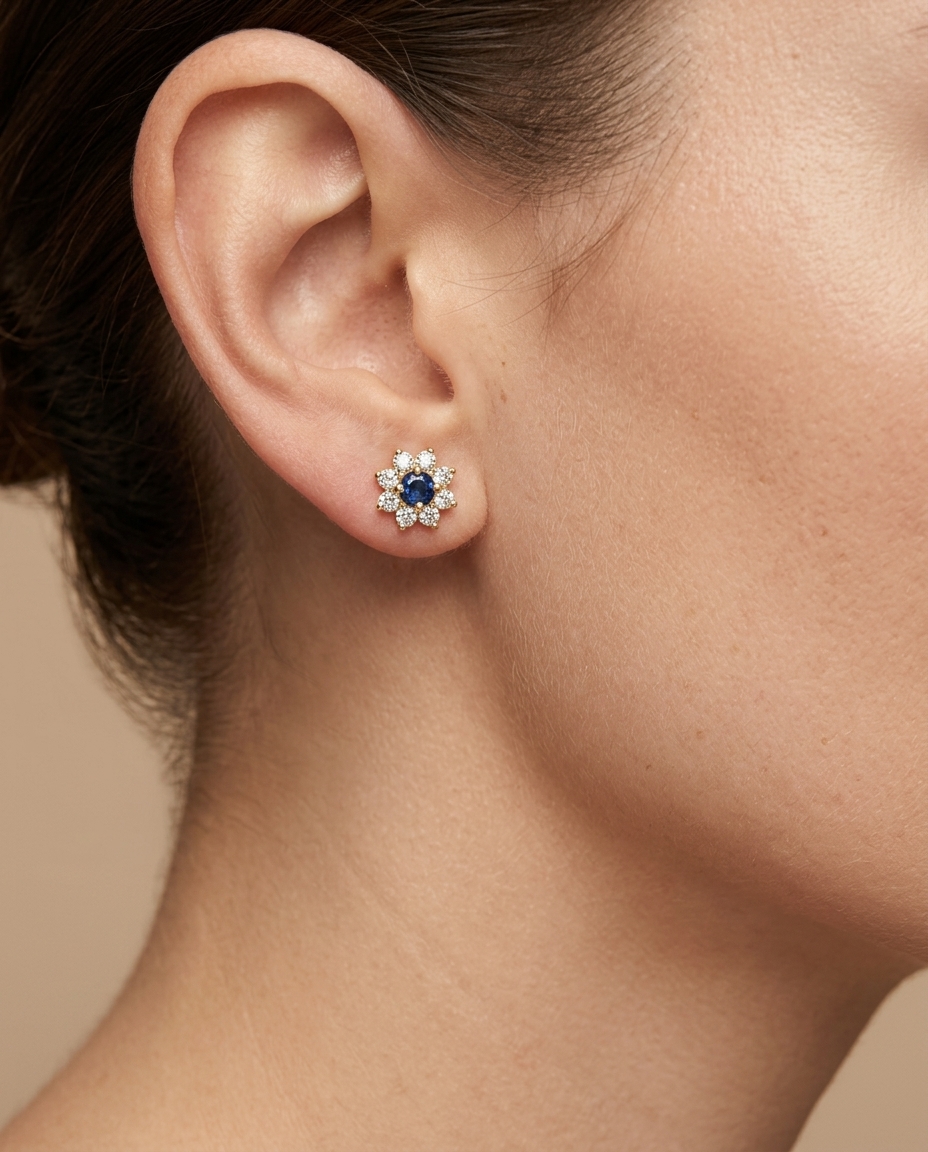 14KT Gold Blue Sapphire and Diamonds Earring on model