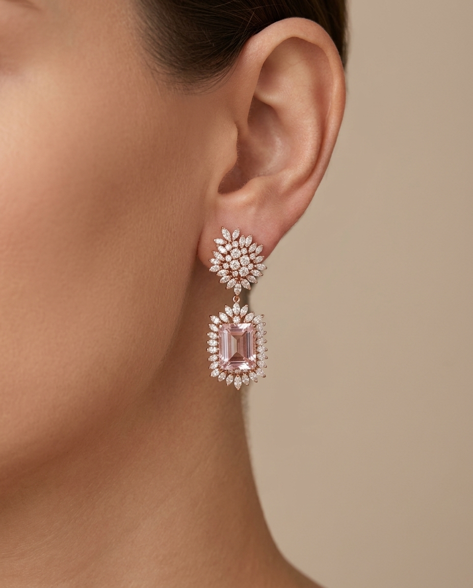 14KT Rose Gold Morganite and Diamonds Earring on model