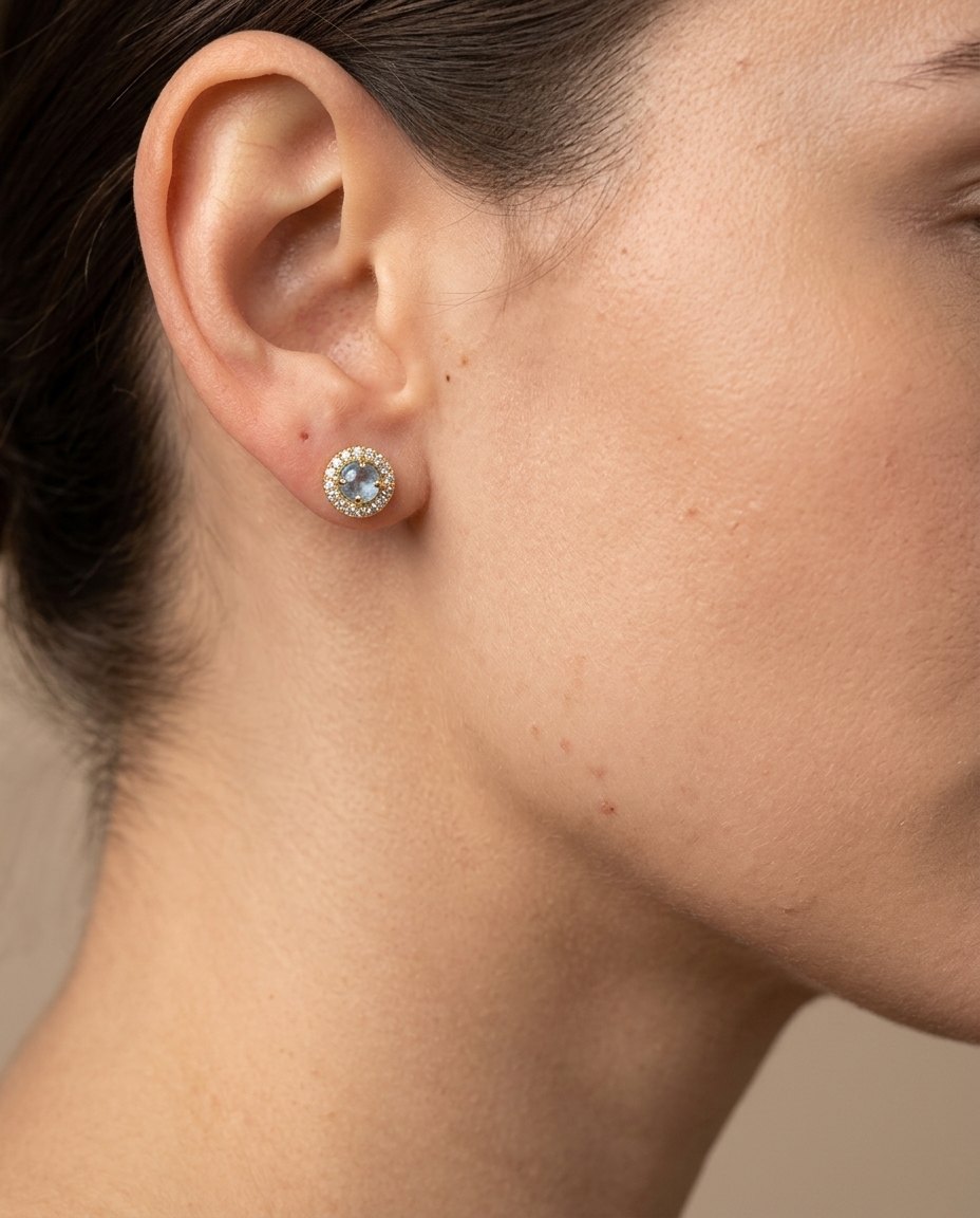 14KT Gold Aquamarine and Diamond Earring on model