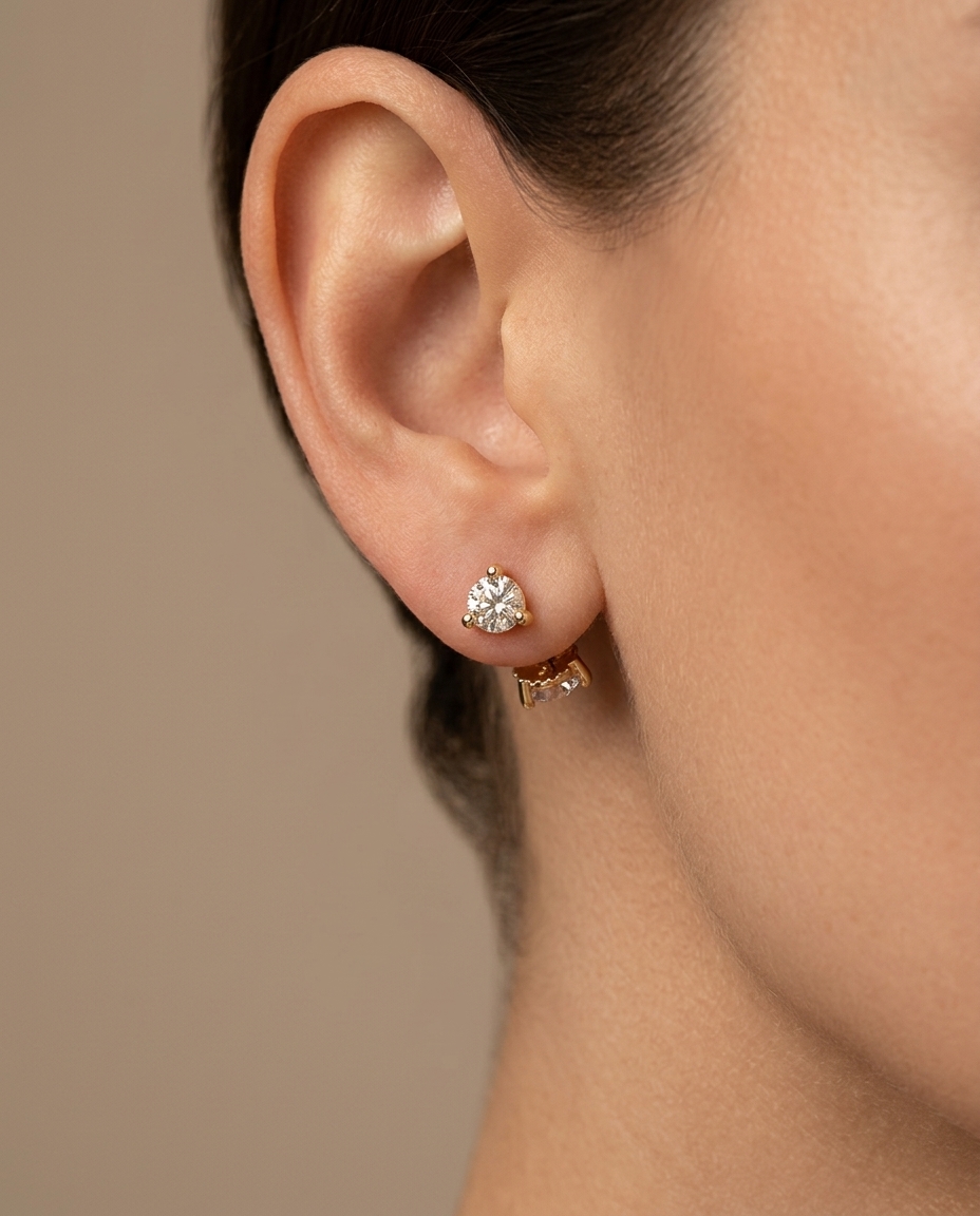 14KT Gold Three Prong Diamond Earrings on model