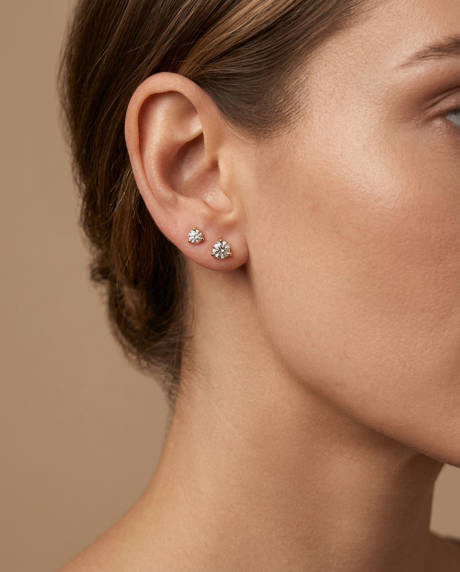 14KT Gold Three Prong Diamond Earrings on model