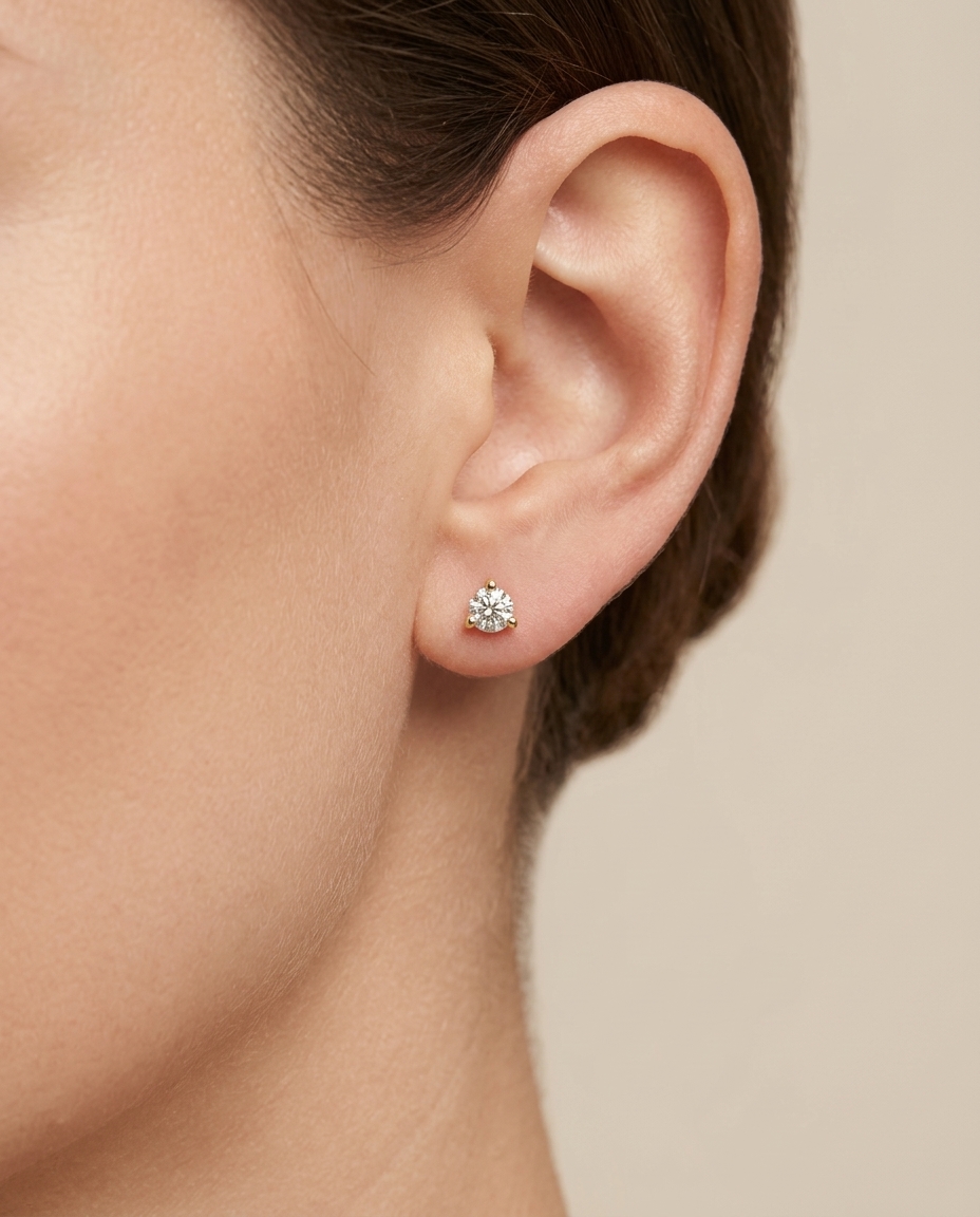14KT Gold Three Prong Diamond Earrings on model