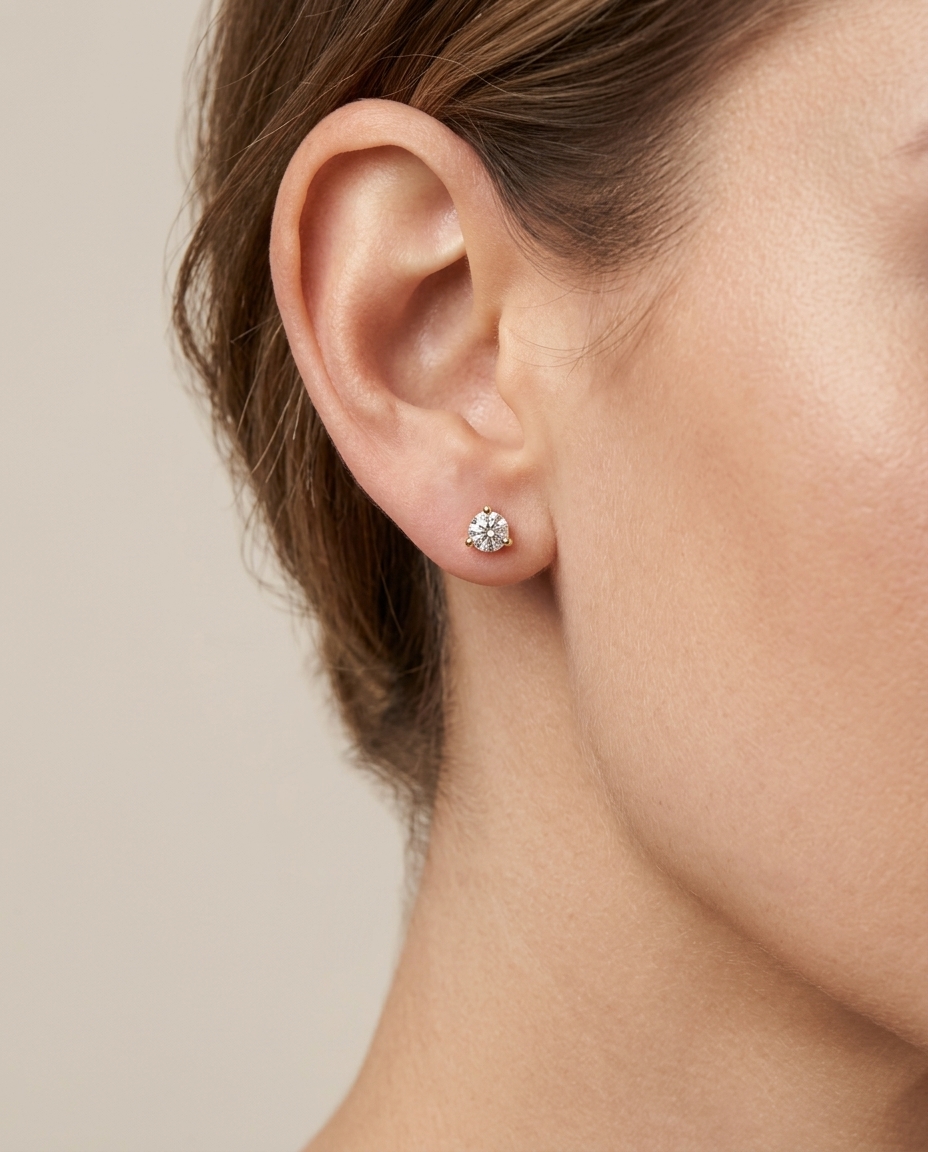 14KT Gold Three Prong Diamond Earrings on model