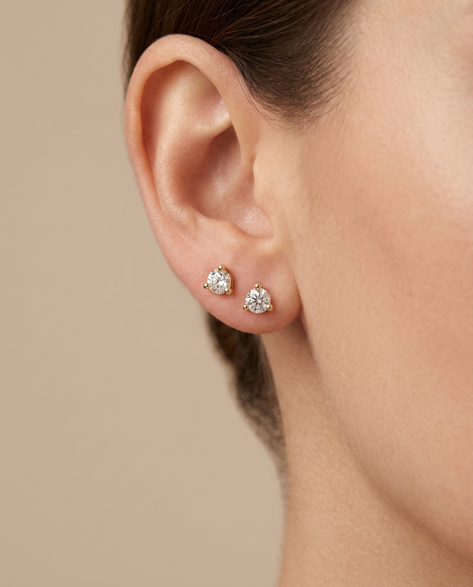 14KT Gold Three Prong Diamond Earrings on model