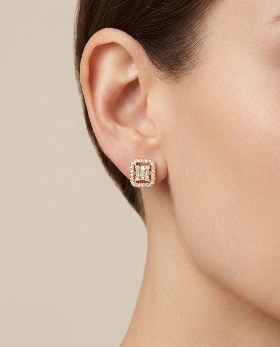 14KT Gold Rectangle Diamond Earing Studs on model