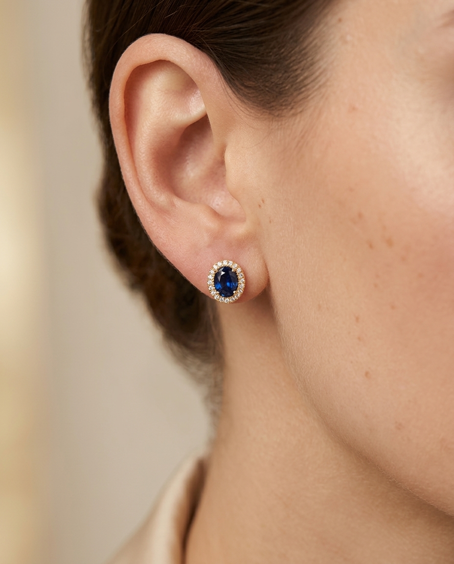14KT Gold Blue Sapphire with Diamonds Oval Earring view 2