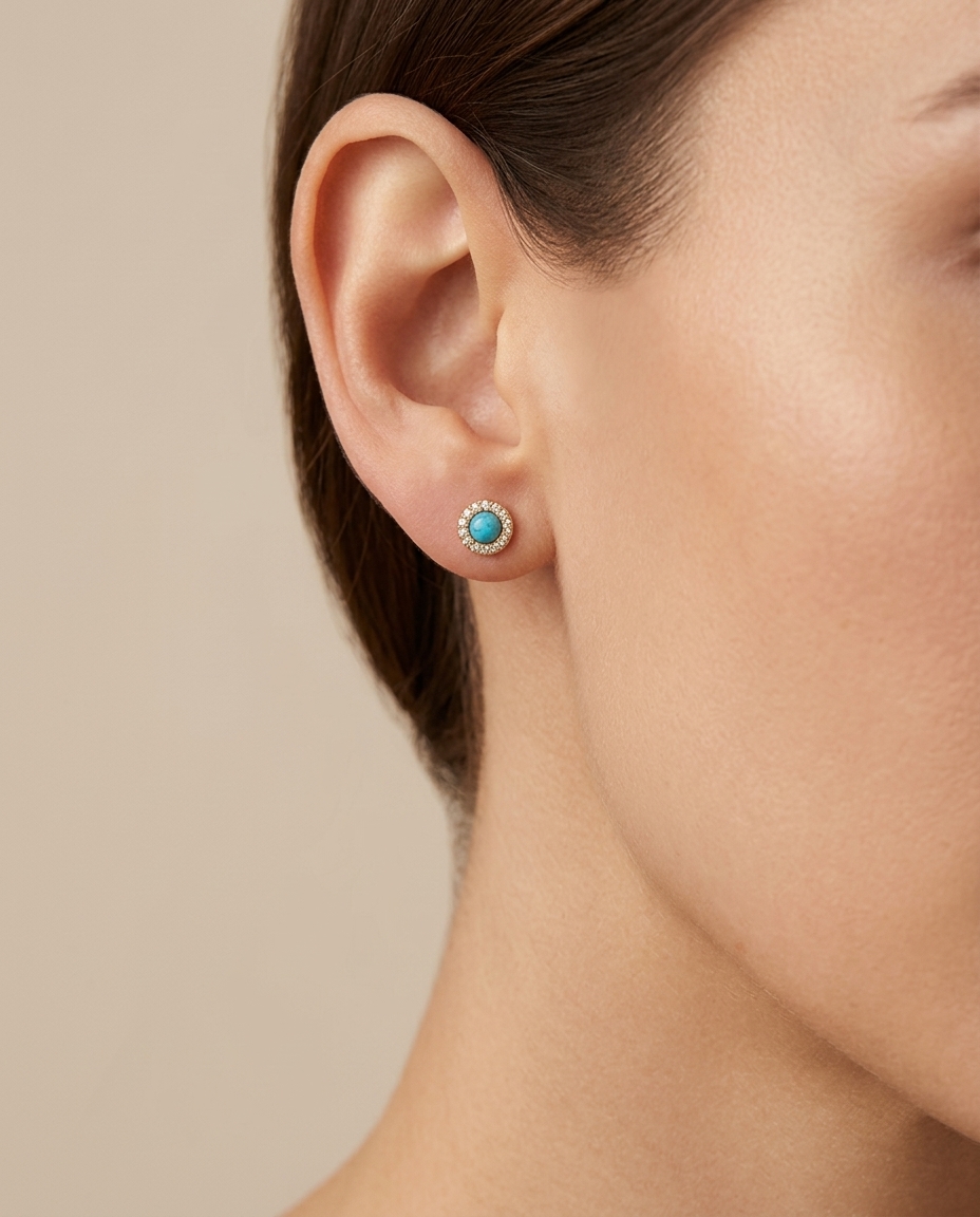14KT Gold Aquamarine and Diamond Earring on model