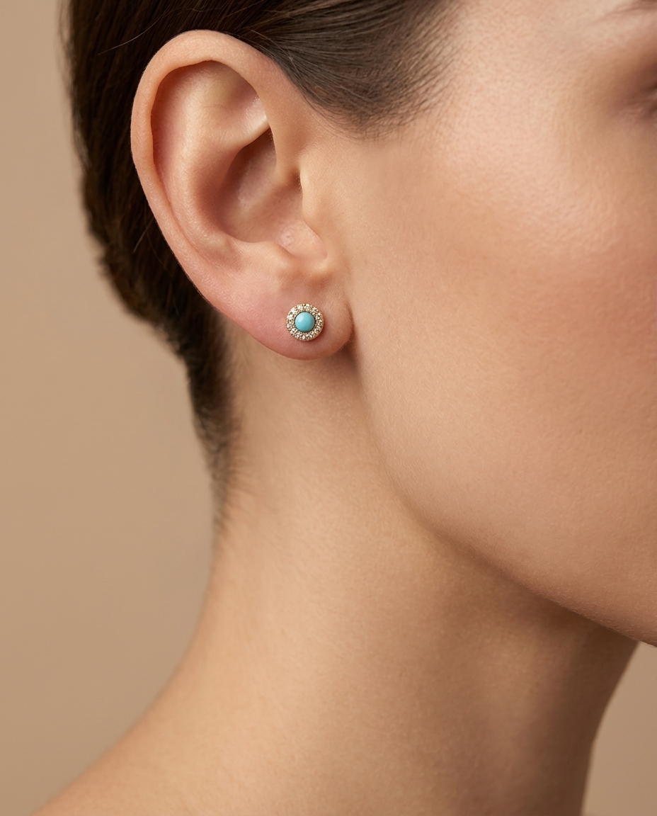 14KT Gold Aquamarine and Diamond Earring on model