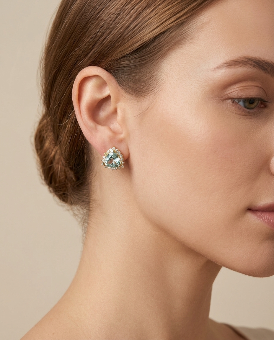14KT Gold Aquamarine and Diamonds Stud Earring on model