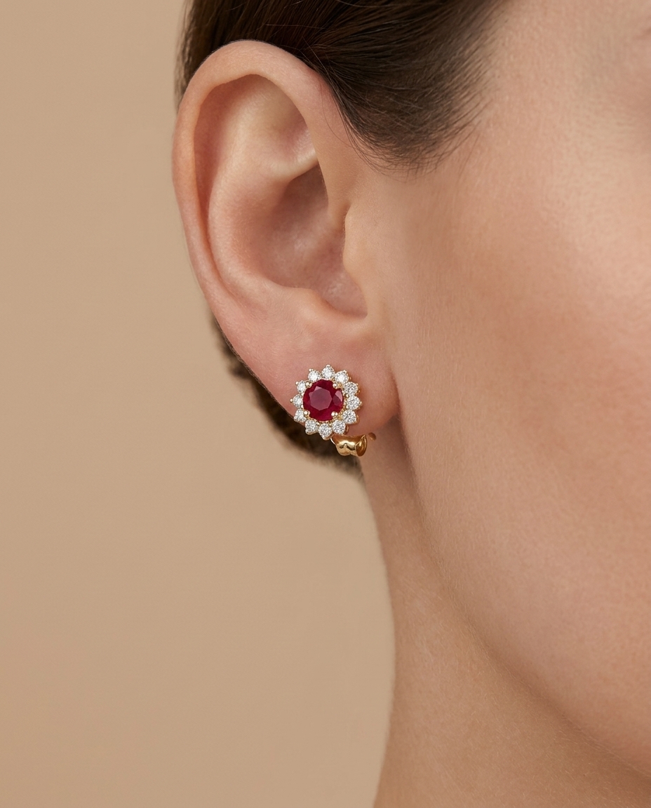 14KT Gold Ruby and Diamonds Earring on model