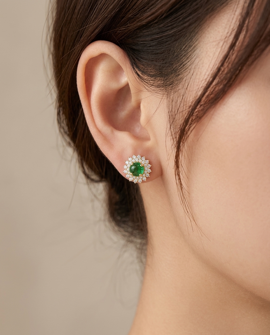 14KT Yellow Gold Tsavorite and Diamonds Stud Earring on model