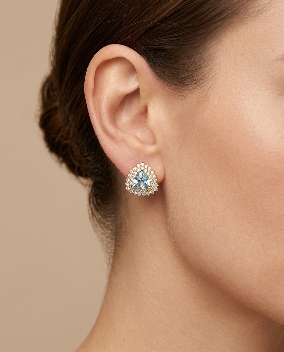 14KT Gold Aquamarine with Diamonds Earring on model
