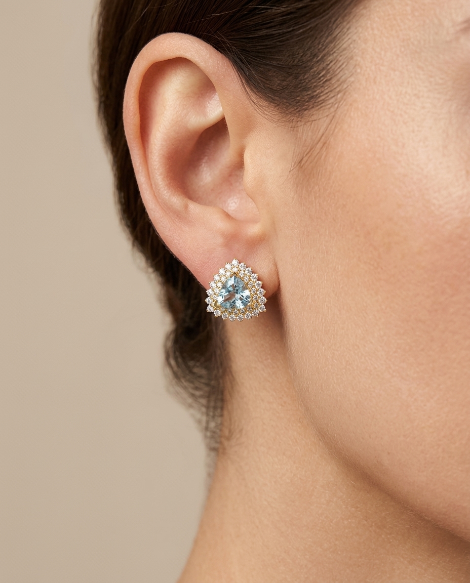 14KT Gold Aquamarine with Diamonds Earring on model