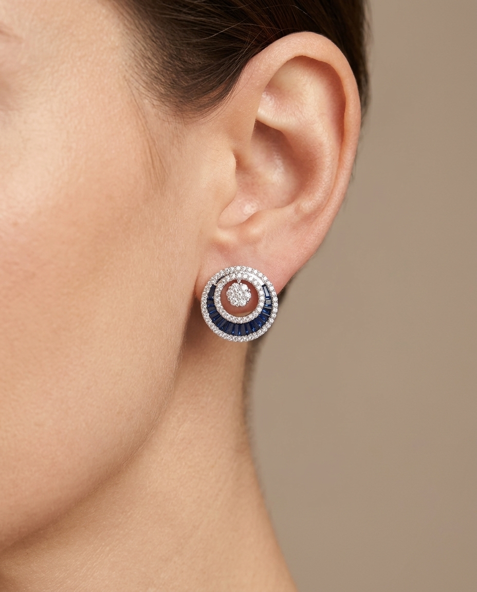 18KT White Gold Sapphire and Diamonds Earring on model