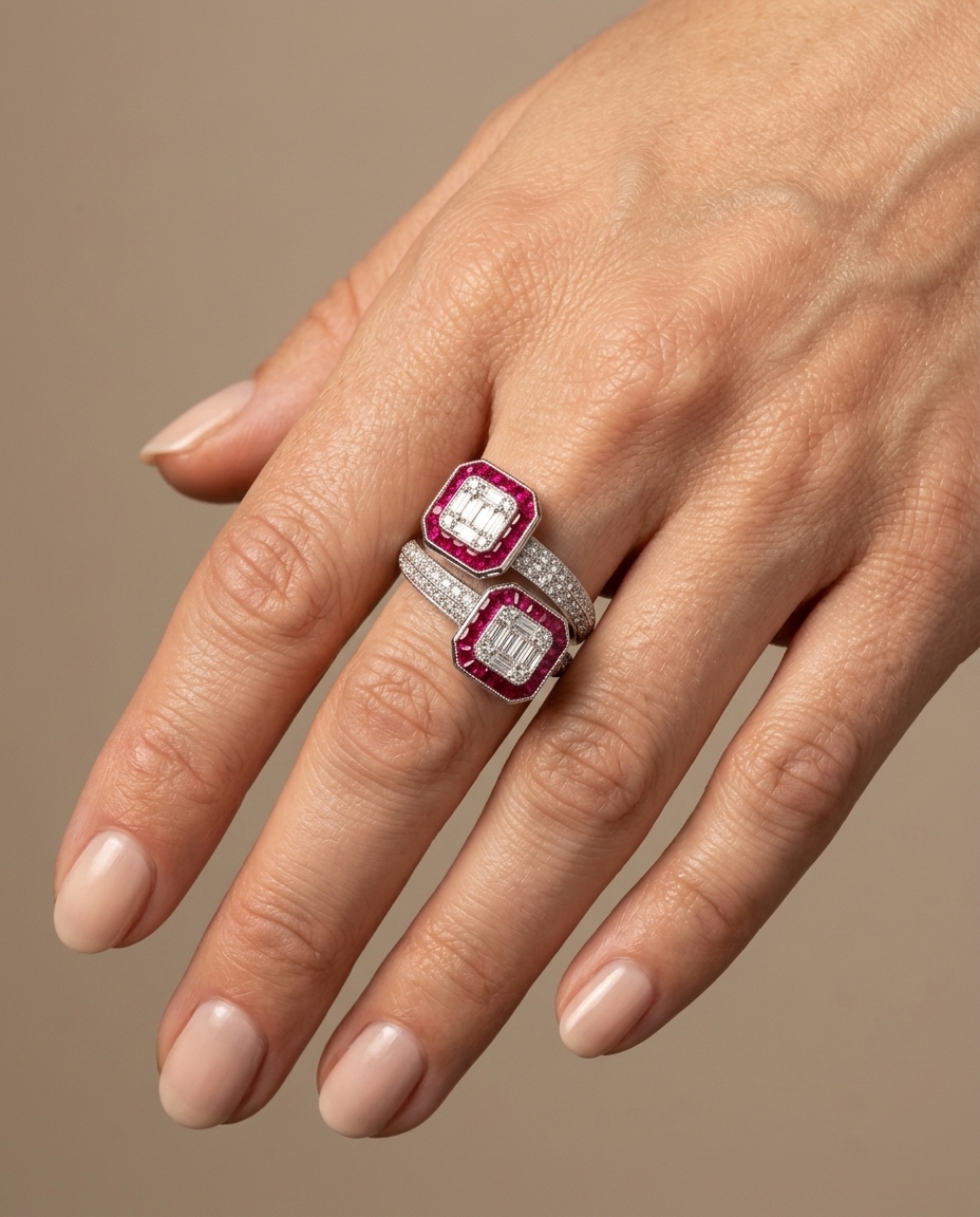 18KT White Gold Ruby and Diamond Ring on model
