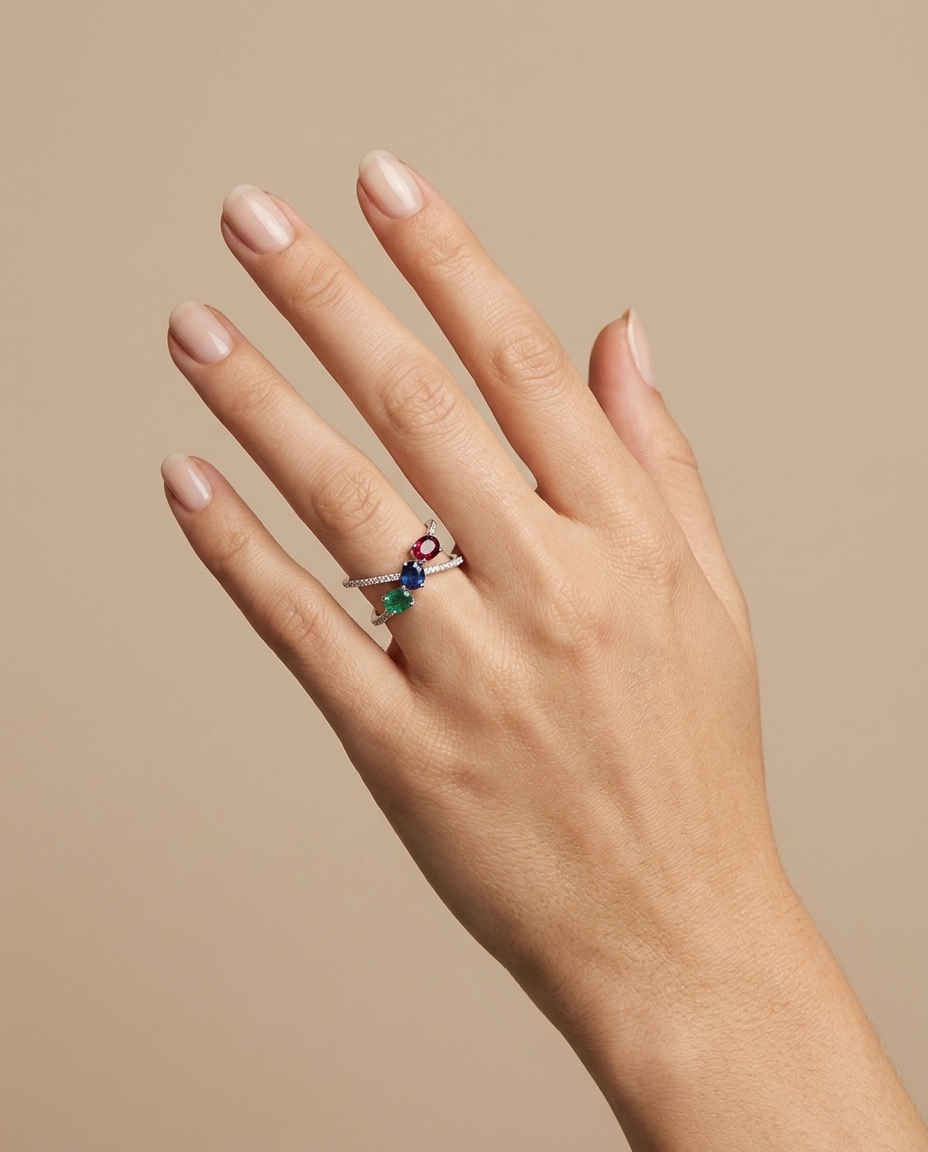 18KT White Gold Multicolor and Diamond Ring on model