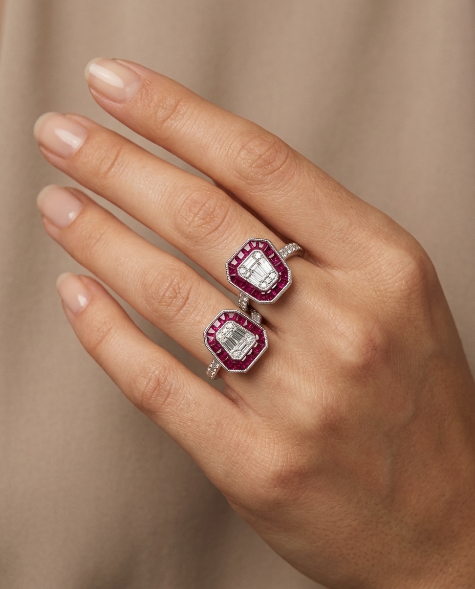 18KT White Gold Ruby and Diamond Ring on model