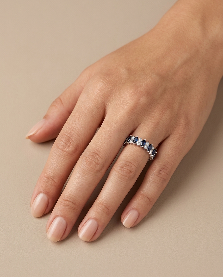 18KT White Gold Sapphire and Diamonds Ring on model