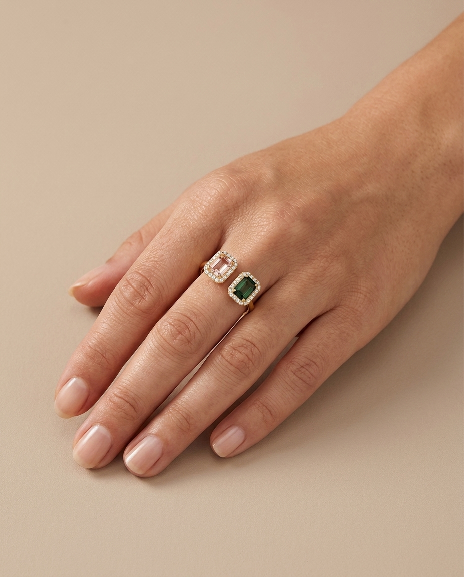 14KT Yellow Gold Tourmaline and Diamonds Ring on model
