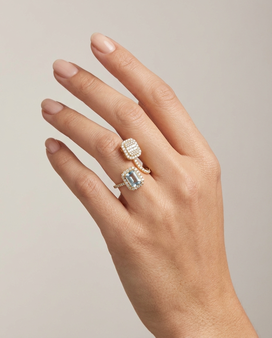 14KT Yellow Gold Aquamarine Ring with Diamonds on model