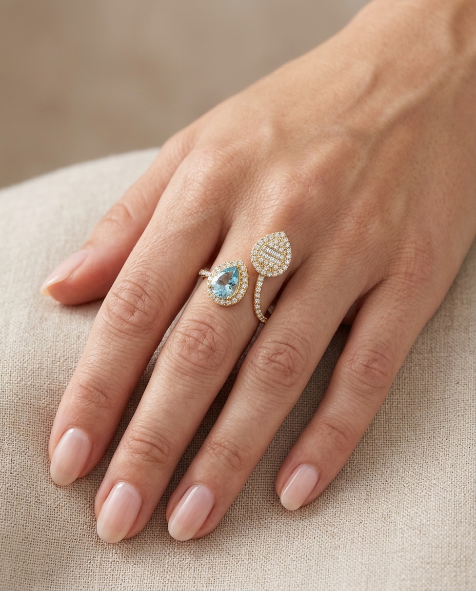14KT Yellow Gold Aquamarine and Diamonds Ring on model