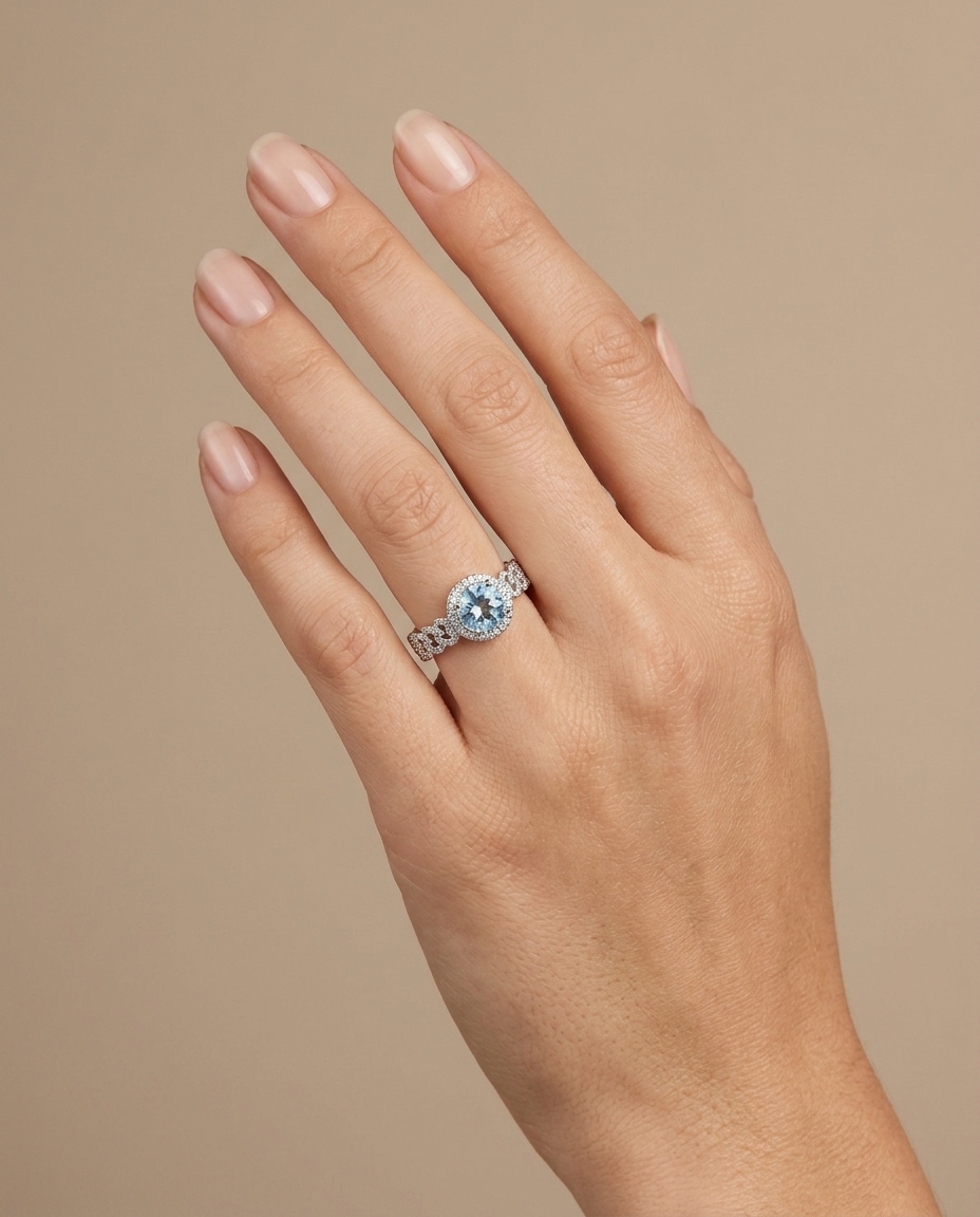 14KT White Gold Aquamarine and Diamonds Ring on model