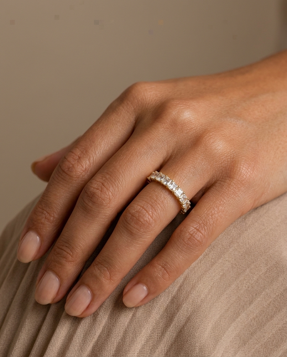 14KT Gold Emerald Cut Diamond Ring on model