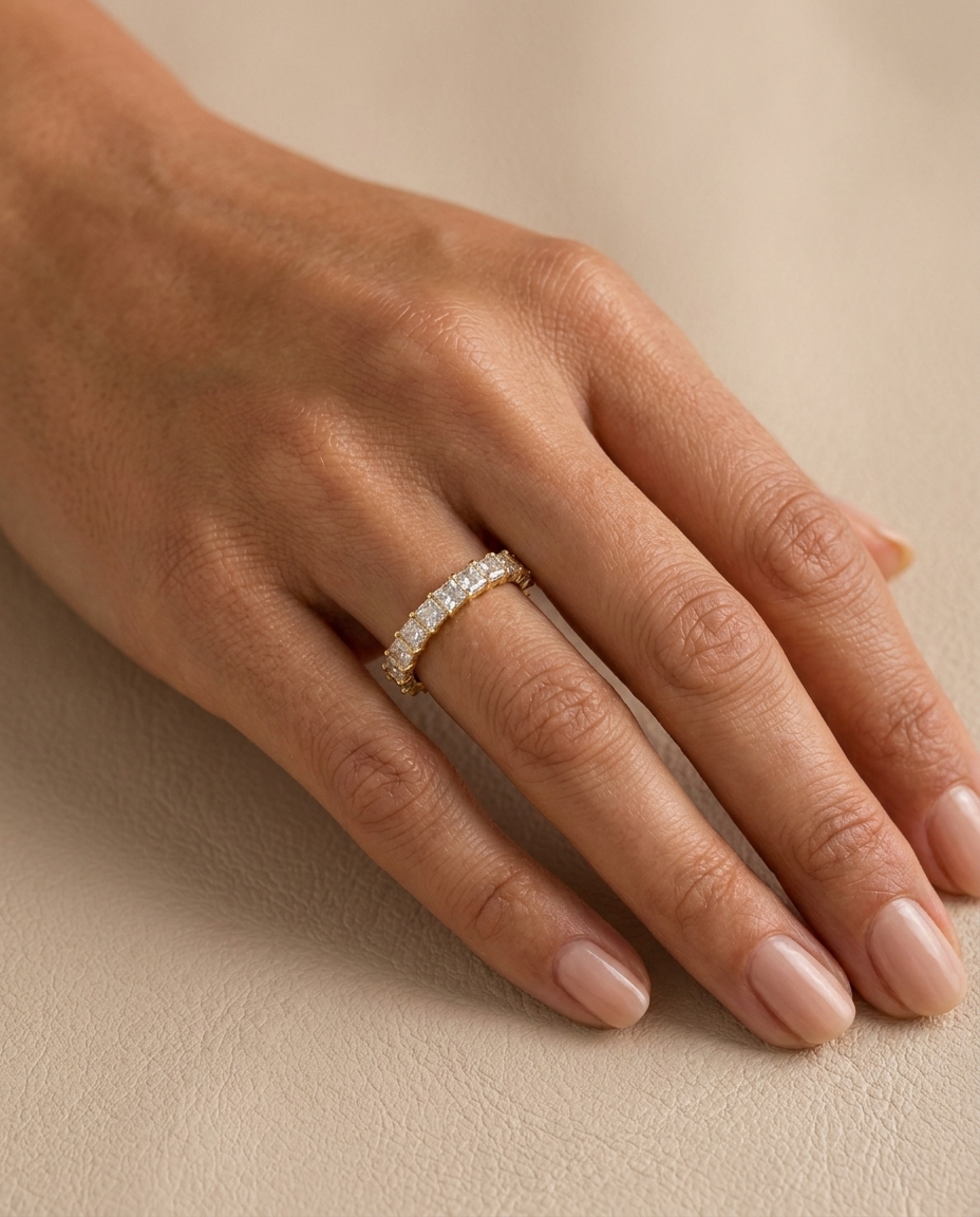 14KT Gold Emerald Cut Diamond Ring on model