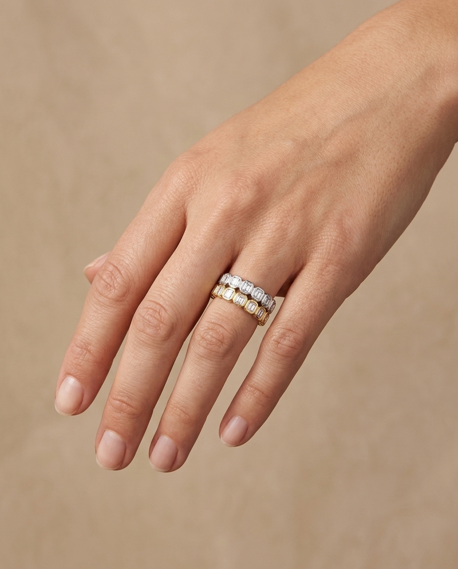 14KT Yellow Gold Emerald Cut Diamond Ring on model