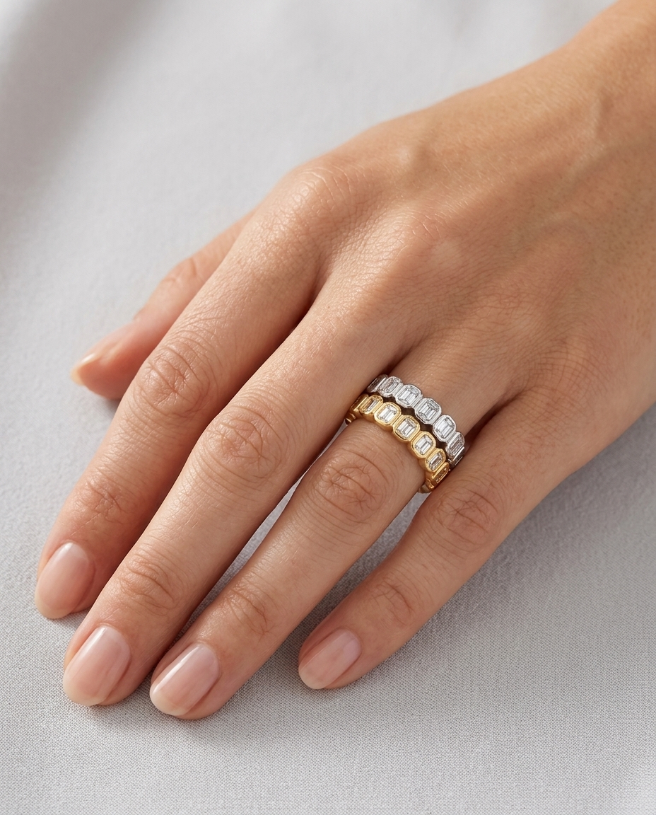 14KT Yellow Gold Emerald Cut Diamond Ring on model