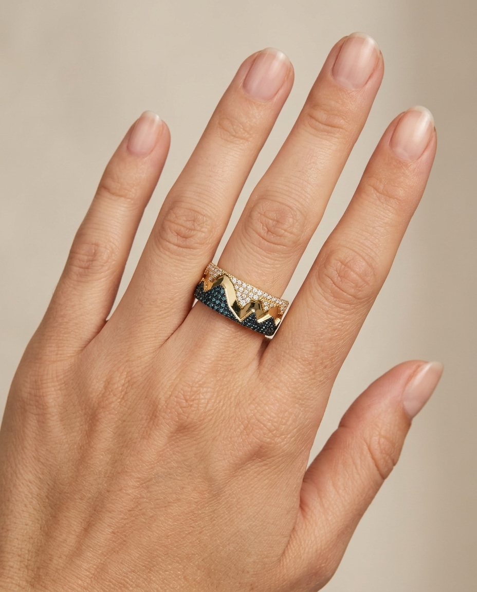 14KT Yellow Gold Diamond and Blue Diamond Ring on model