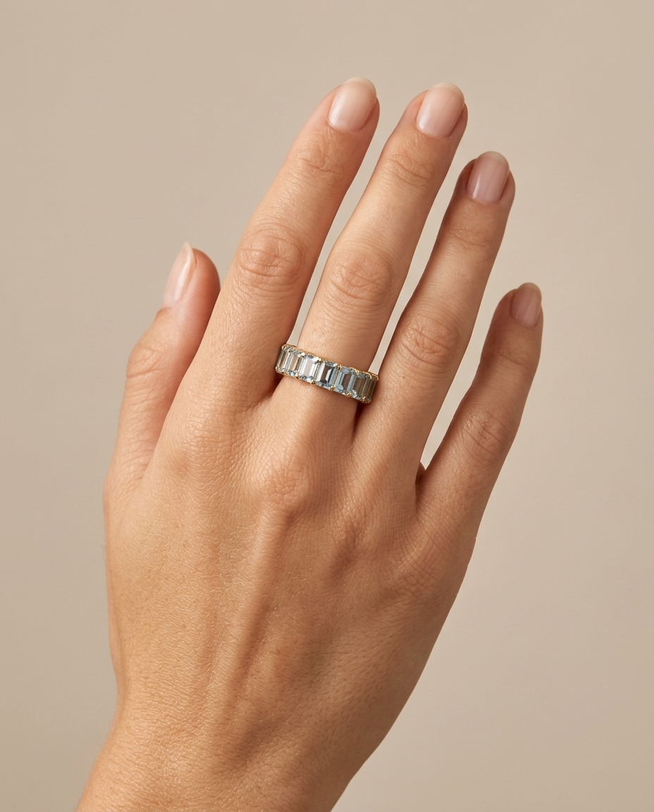 14KT Yellow Gold Aquamarine and Diamonds Ring on model