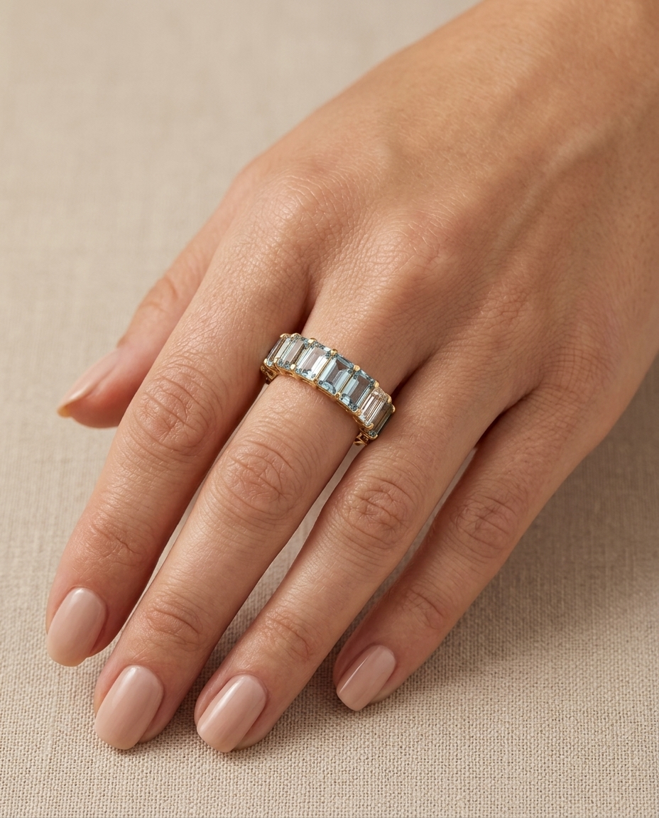 14KT Yellow Gold Aquamarine and Diamonds Ring on model