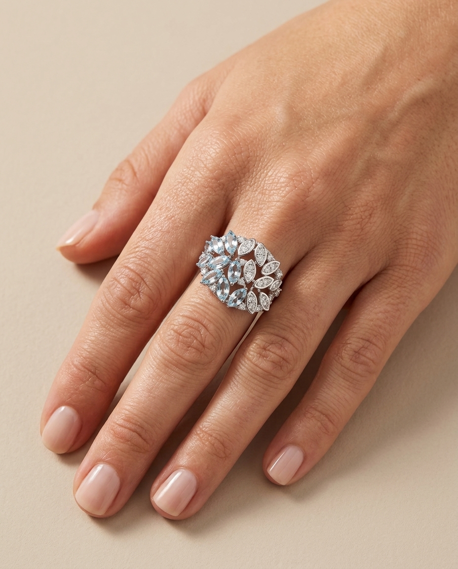 14KT White Gold Marquise Shape Aquamarine and Diamonds Cocktail Ring on model