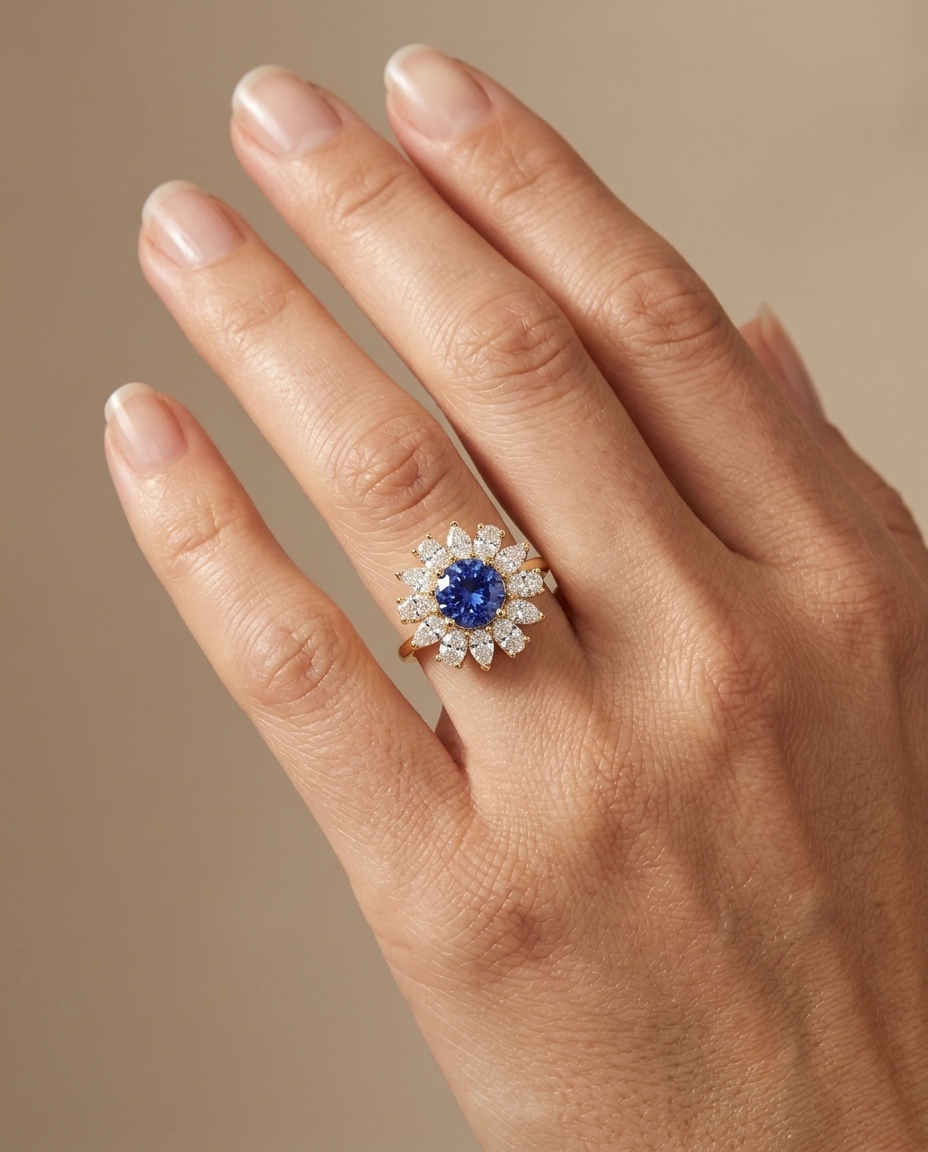 14KT Gold Tanzanite and Diamonds Ring on model