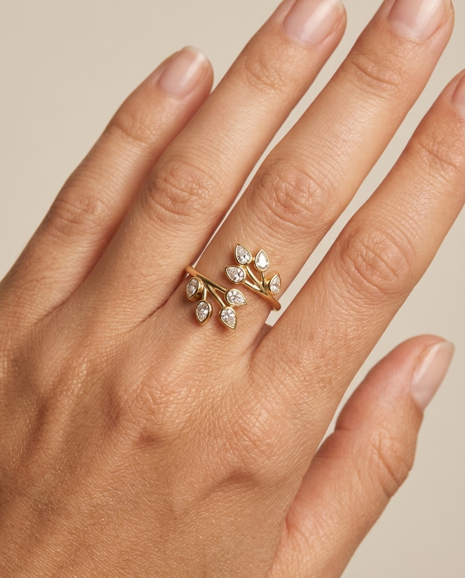 14KT Gold Branch Leaf Design Bezeled Diamond Ring on model