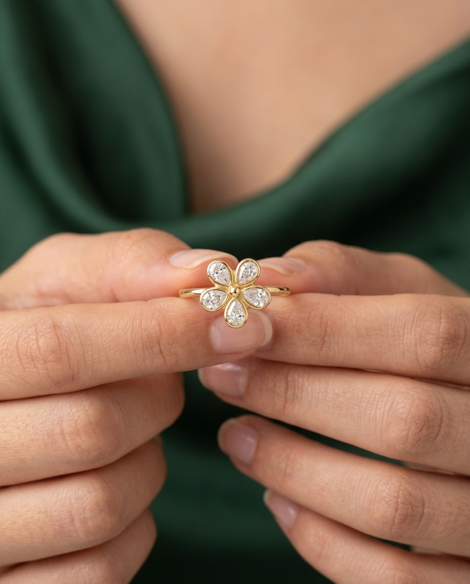 14KT Gold Bezeled Diamond Flower Design Ring on model
