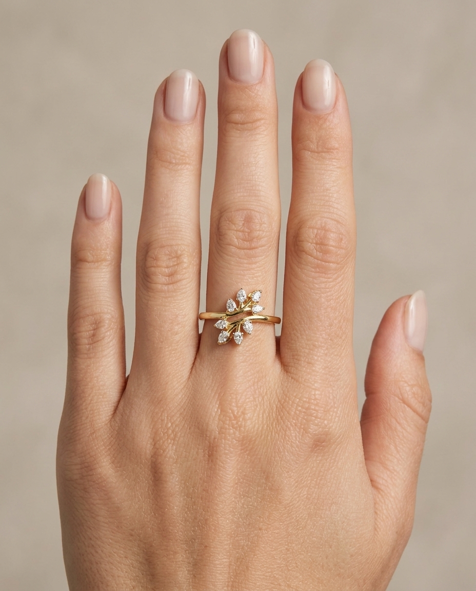 14KT Gold Branch Leaf Design Diamond Ring on model