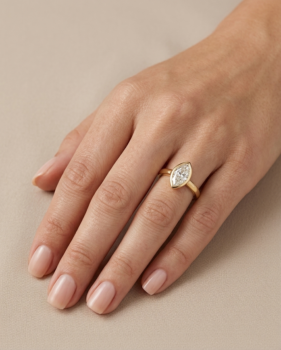 14KT Gold Ring with Single Bezeled Marquise Shape Diamond on model
