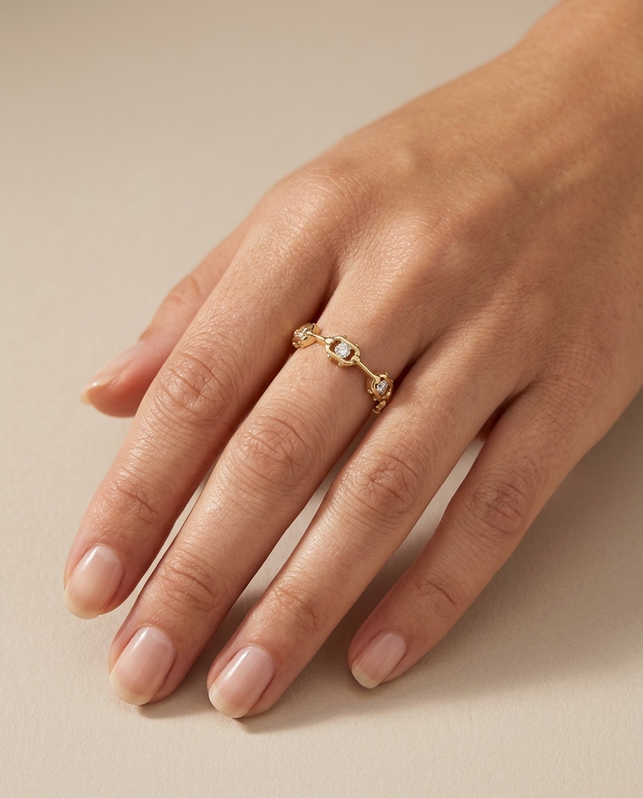 14KT Yellow Gold Diamond Station Eternity Ring on model