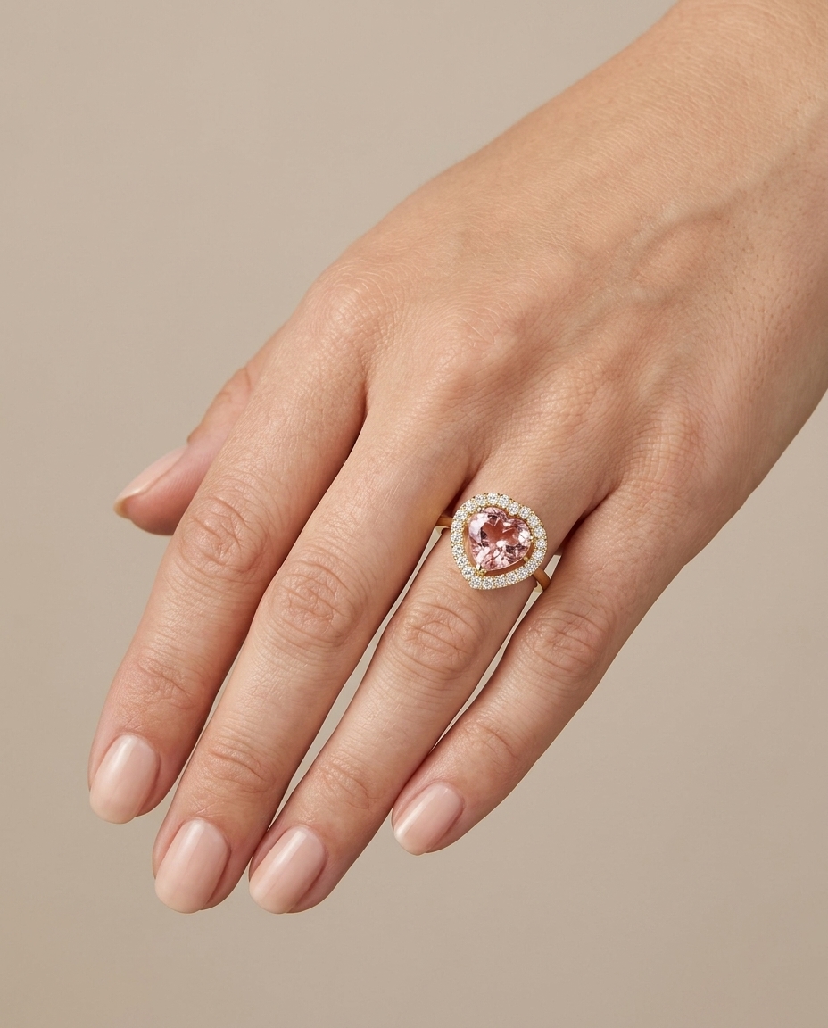 14KT Yellow Gold Pink Tourmaline and Diamonds Ring on model