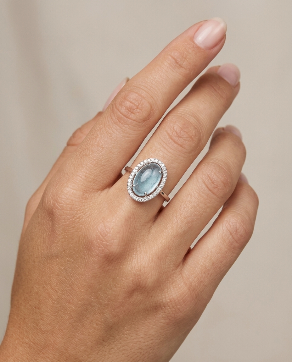 14KT White Gold Aquamarine and Diamonds Ring on model