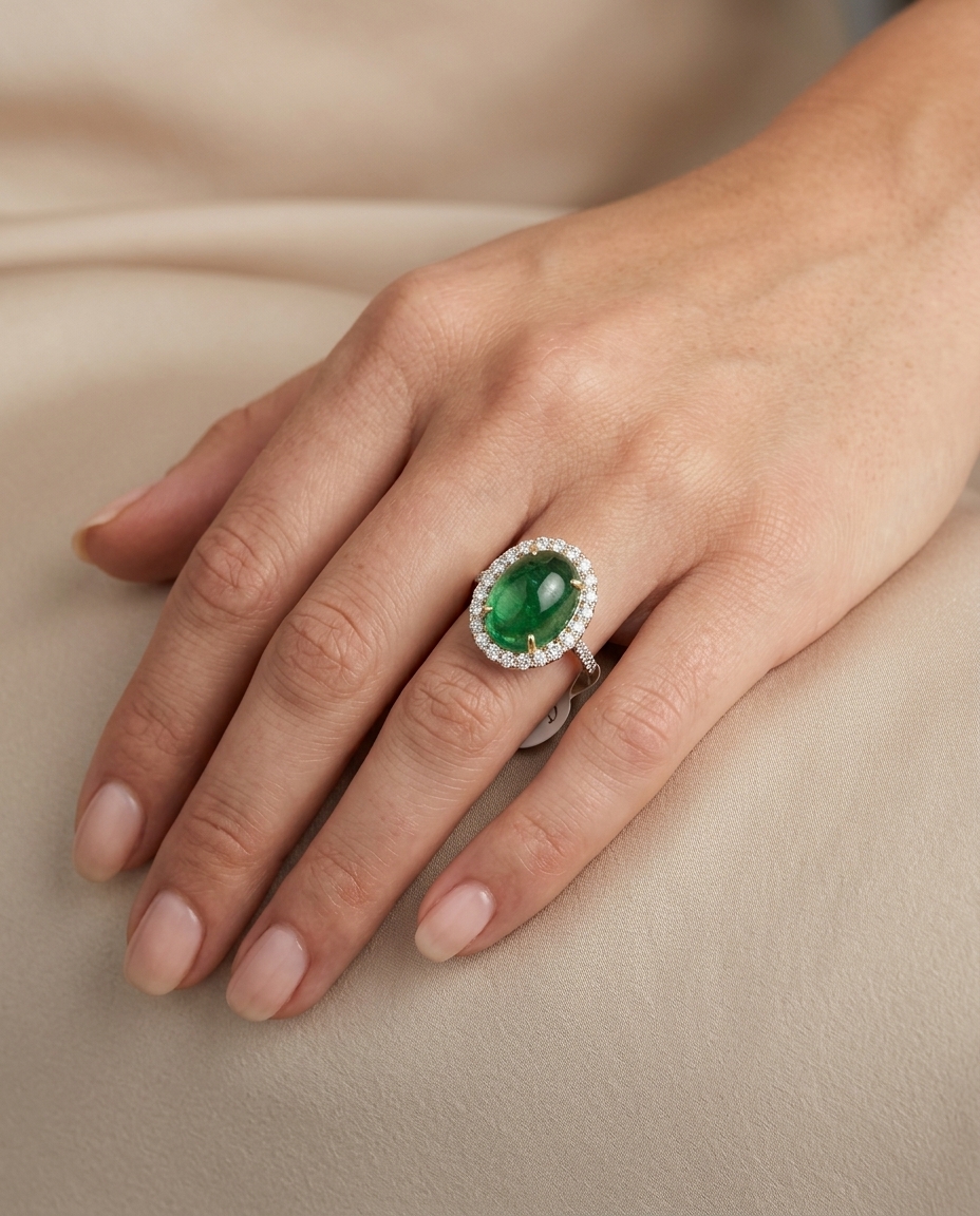 14KT Yellow Gold Tsavorite and Diamonds Ring on model