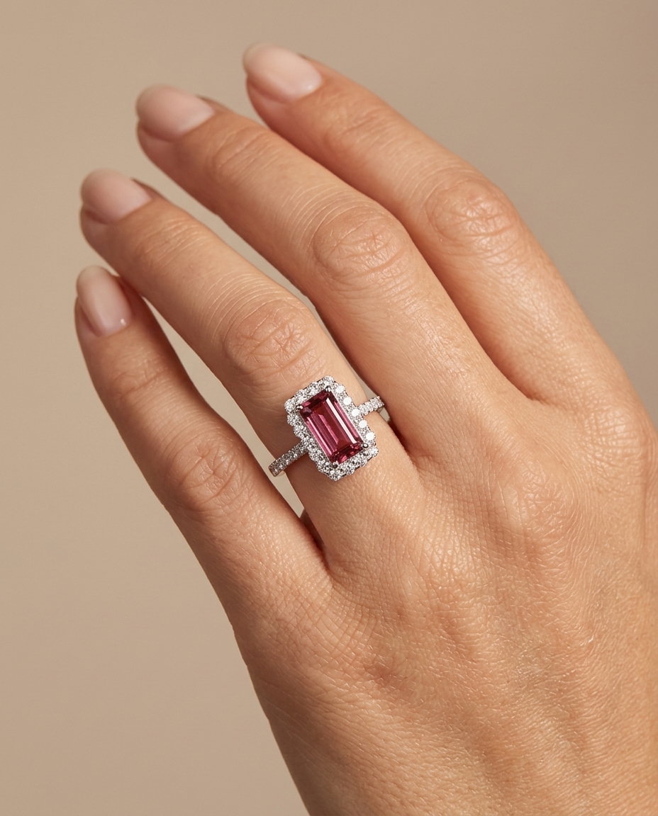 14KT White Gold Pink Tourmaline and Diamonds Ring on model
