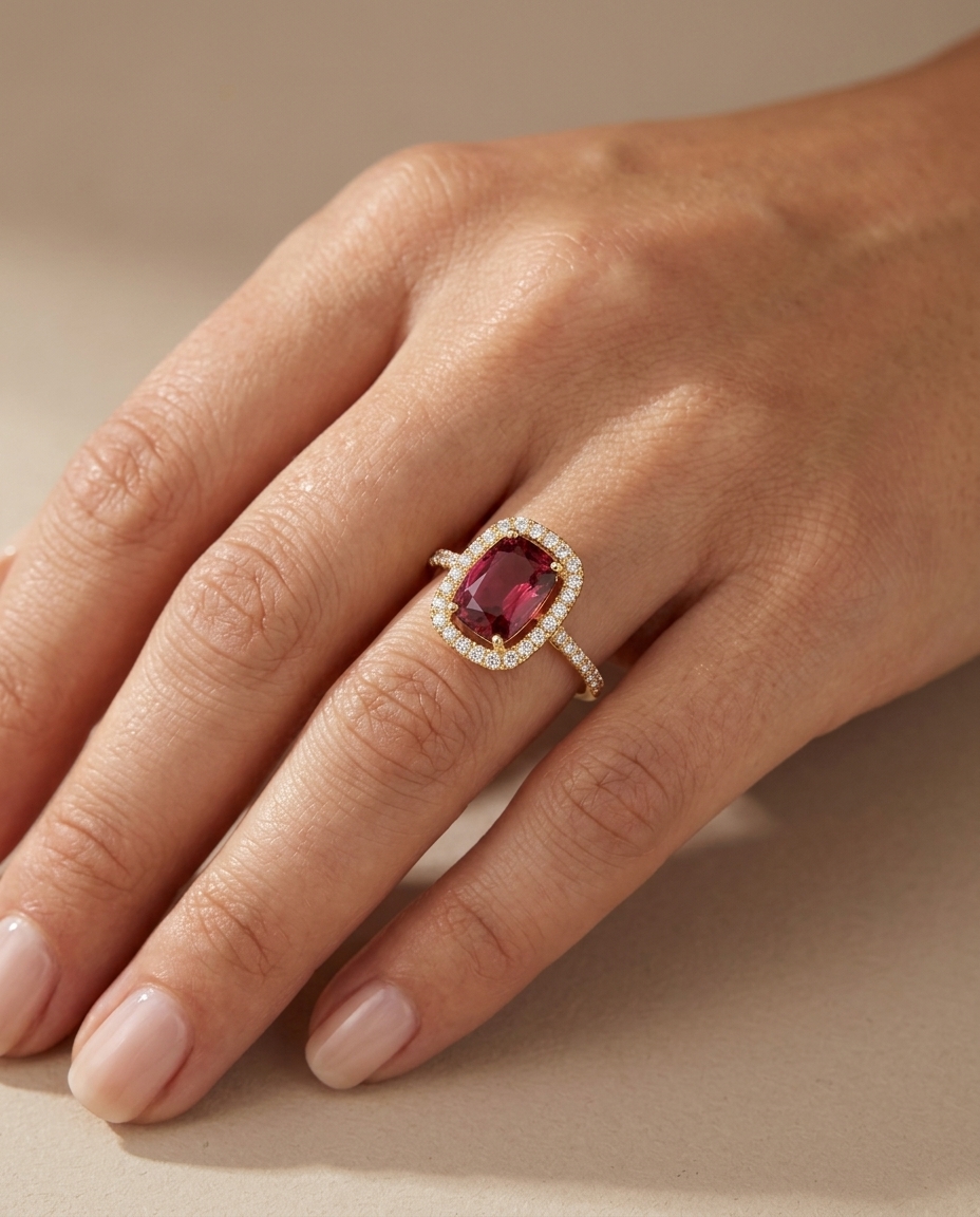 14KT Yellow Gold Pink Tourmaline and Diamonds Ring on model